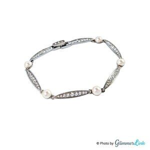 Vintage Monet Faux Pearls Clear Crystals Silver Tone Links Bracelet